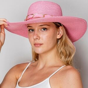 Floppy Wide Brim Oversized Straw Hat Sheer Woven Bow Knot Chain Band Summer Sun